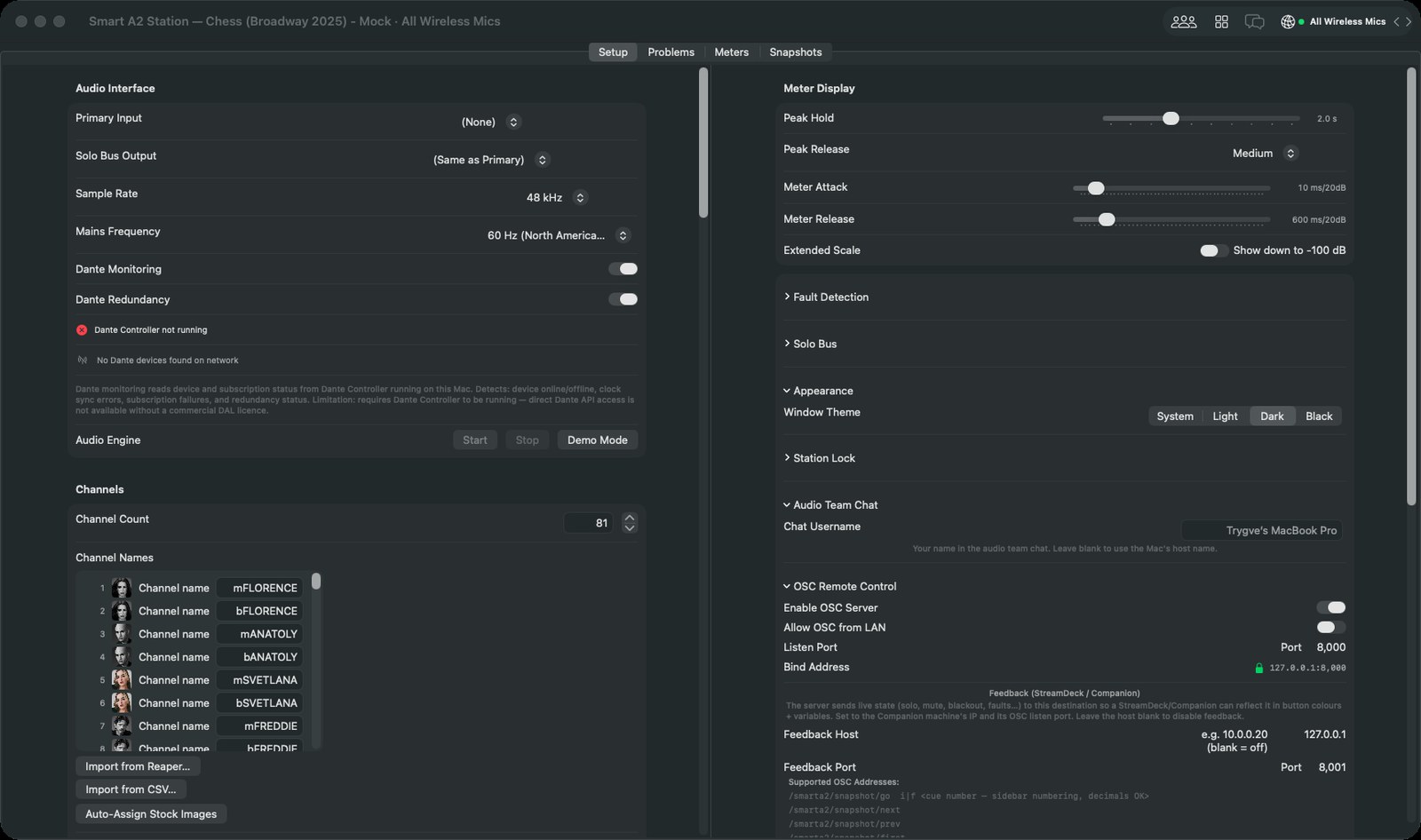 Setup — audio interface, fault detection, wireless receivers, and OSC / Stream Deck remote control.